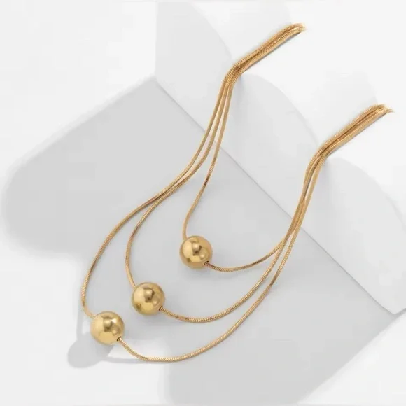 18K Gold Plated Multiple Layered Chain With Beads Necklaces 2(Pcs) Set - Picture 7 of 7